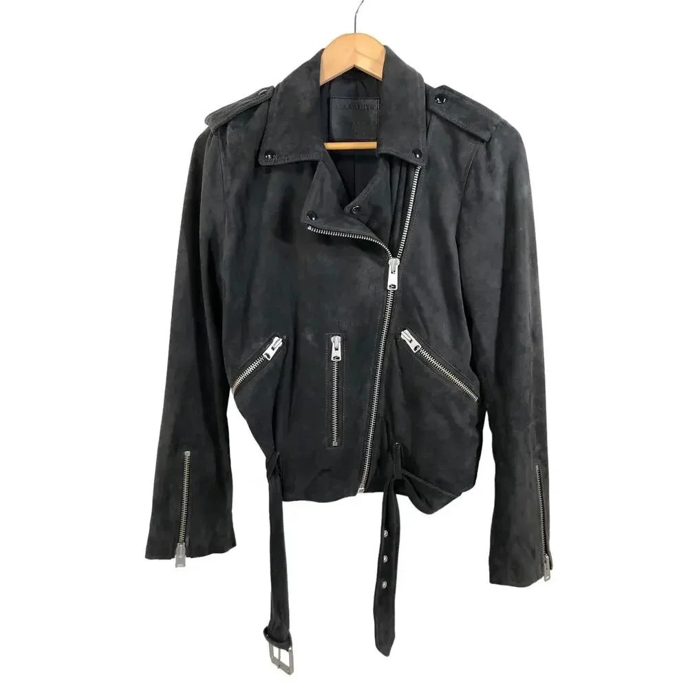 Allsaints Balfern Black Suede Biker Jacket US Size 8 Belted Hem Super Soft